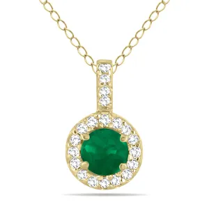 1/2 Carat Tw Halo Emerald And Diamond Pendant In 10K Yellow Gold