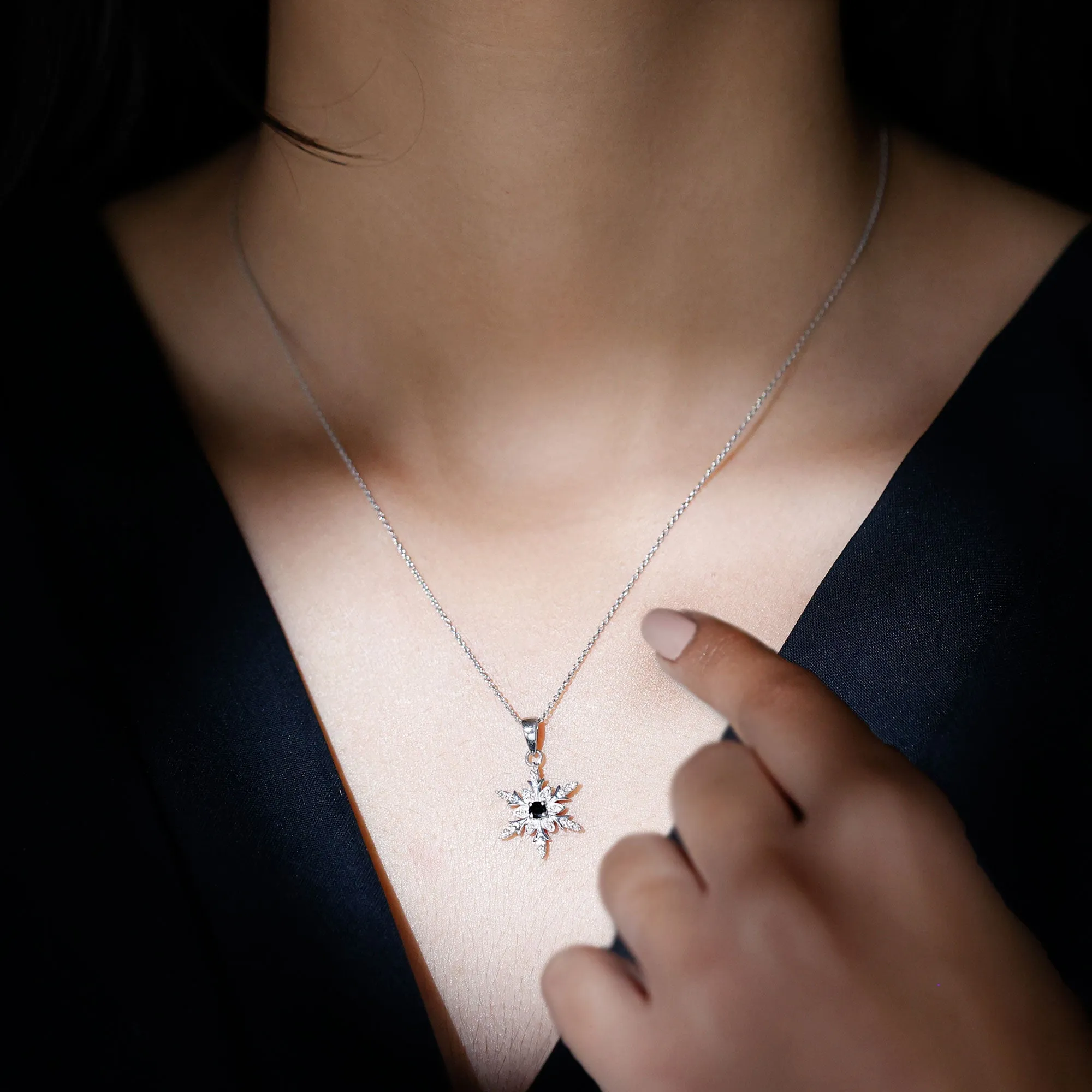 1/2 CT Black Diamond and Diamond Snowflake Pendant Necklace