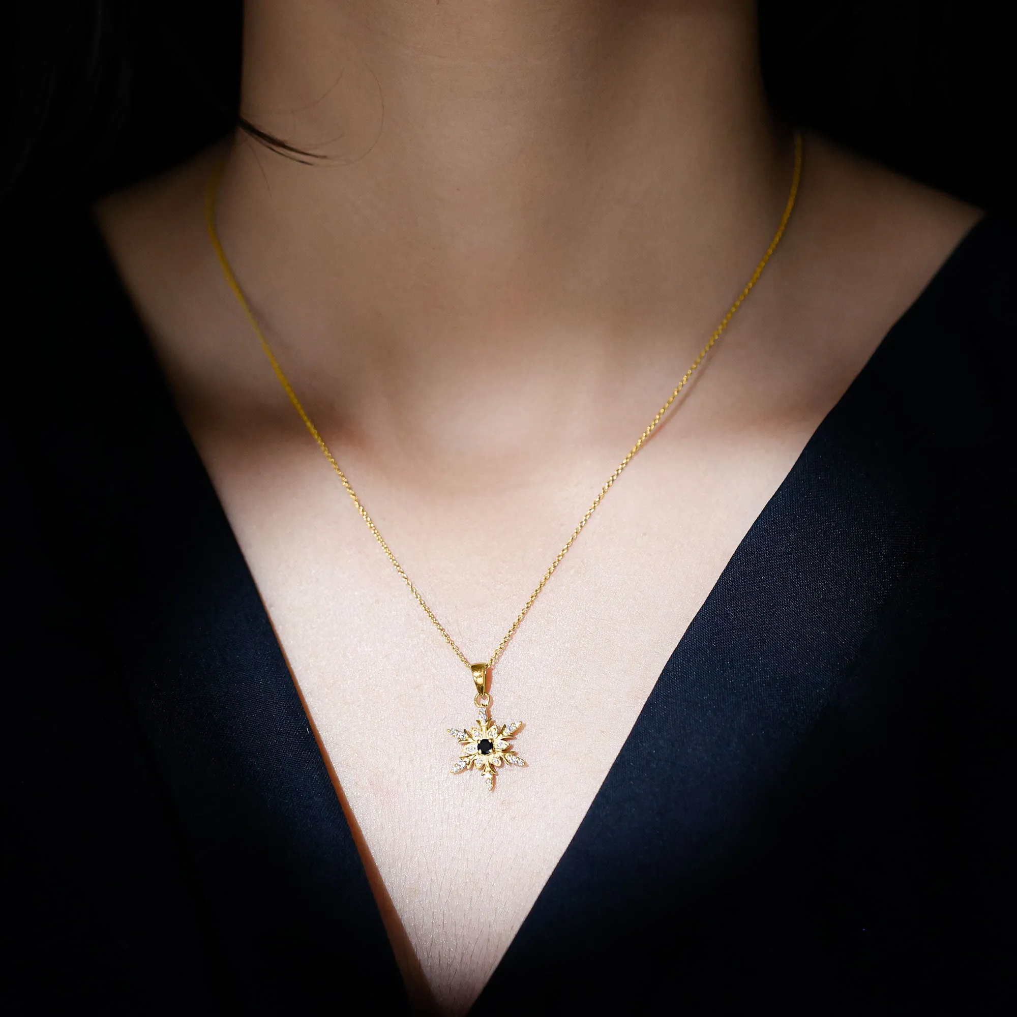 1/2 CT Black Diamond and Diamond Snowflake Pendant Necklace