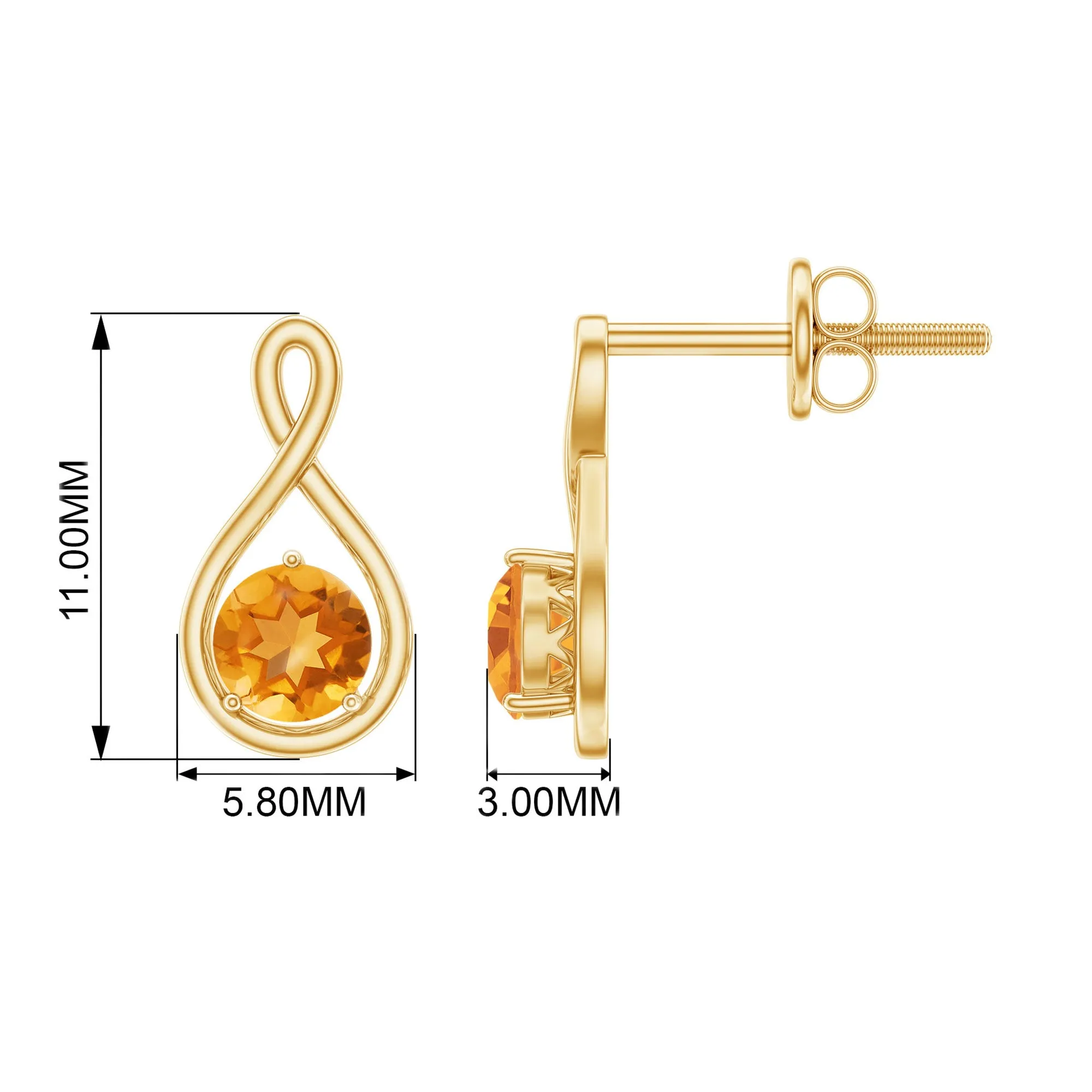 1/2 CT Solitaire Citrine Gold Infinity Stud Earring
