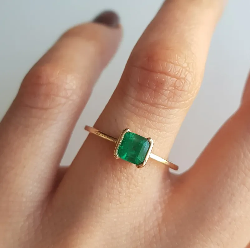 14k Half Bezel Emerald Ring - in stock