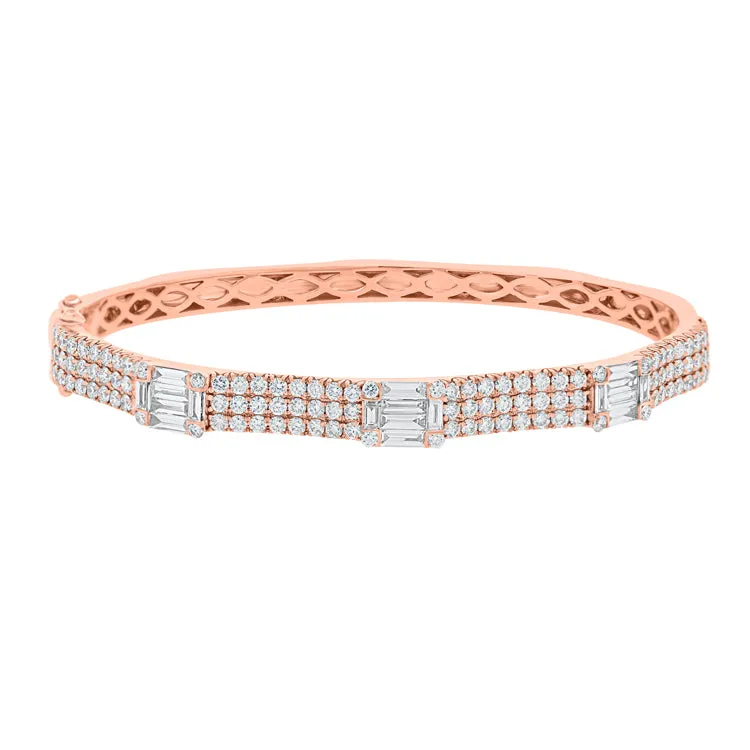 14K Rose Gold Round Diamond and Baguette Diamond Bangle