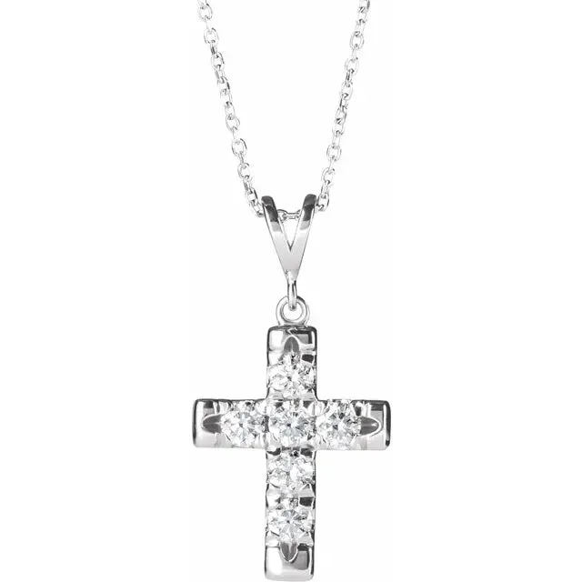 14K White Gold 3/4 CTW Natural Diamond French-Set Cross 16-18" Necklace