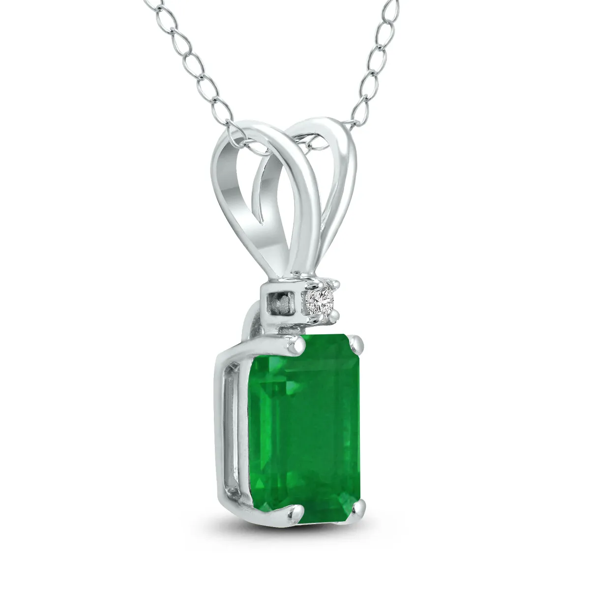 14K White Gold 6X4Mm Emerald Shaped Emerald And Diamond Pendant