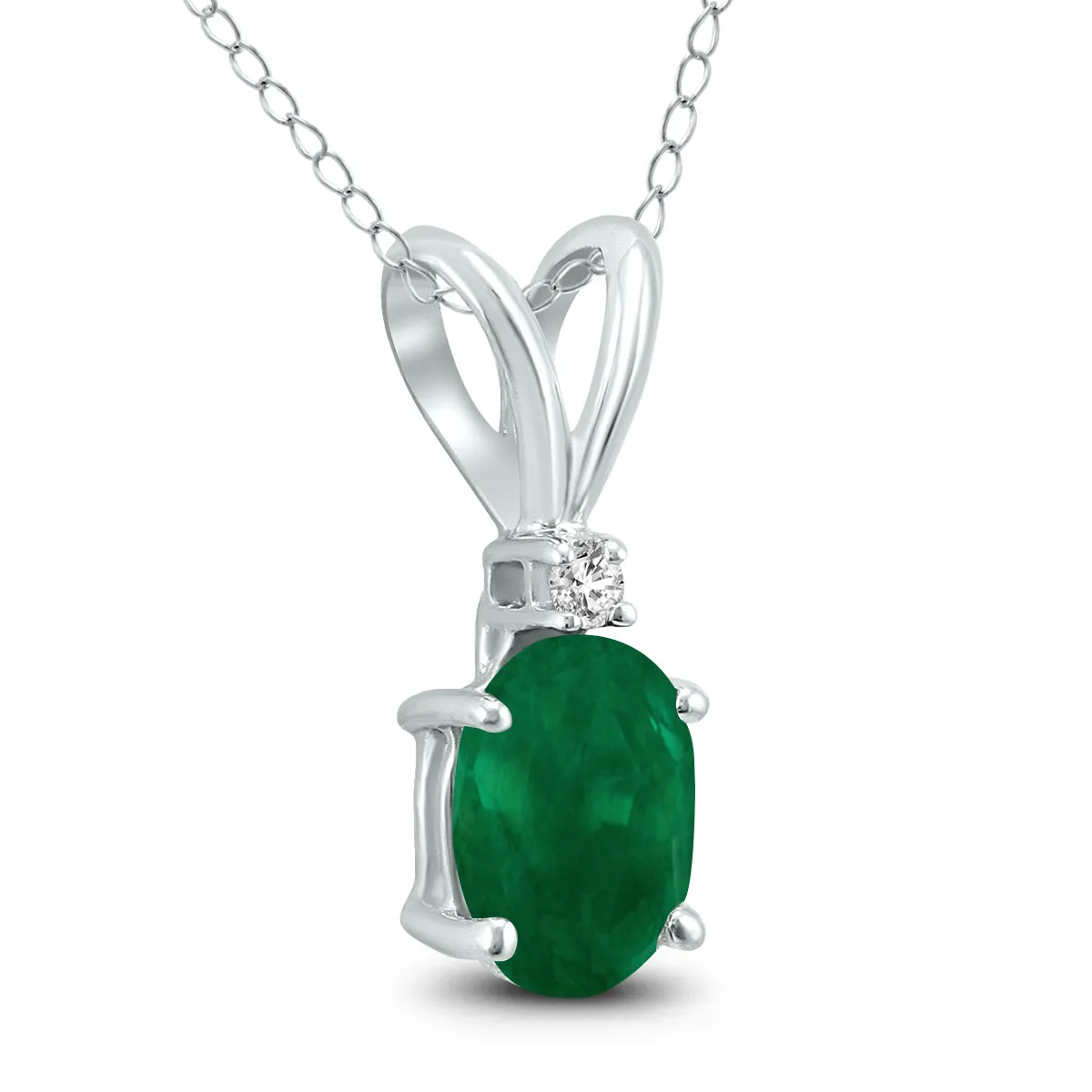 14K White Gold 6X4Mm Oval Emerald And Diamond Pendant