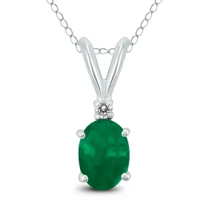 14K White Gold 6X4Mm Oval Emerald And Diamond Pendant