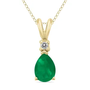 14K Yellow Gold 5X3Mm Pear Emerald And Diamond Pendant