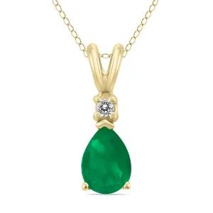 14K Yellow Gold 6X4Mm Pear Emerald And Diamond Pendant
