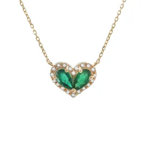14K Yellow Gold Diamond and Pear Emerald Heart Necklace