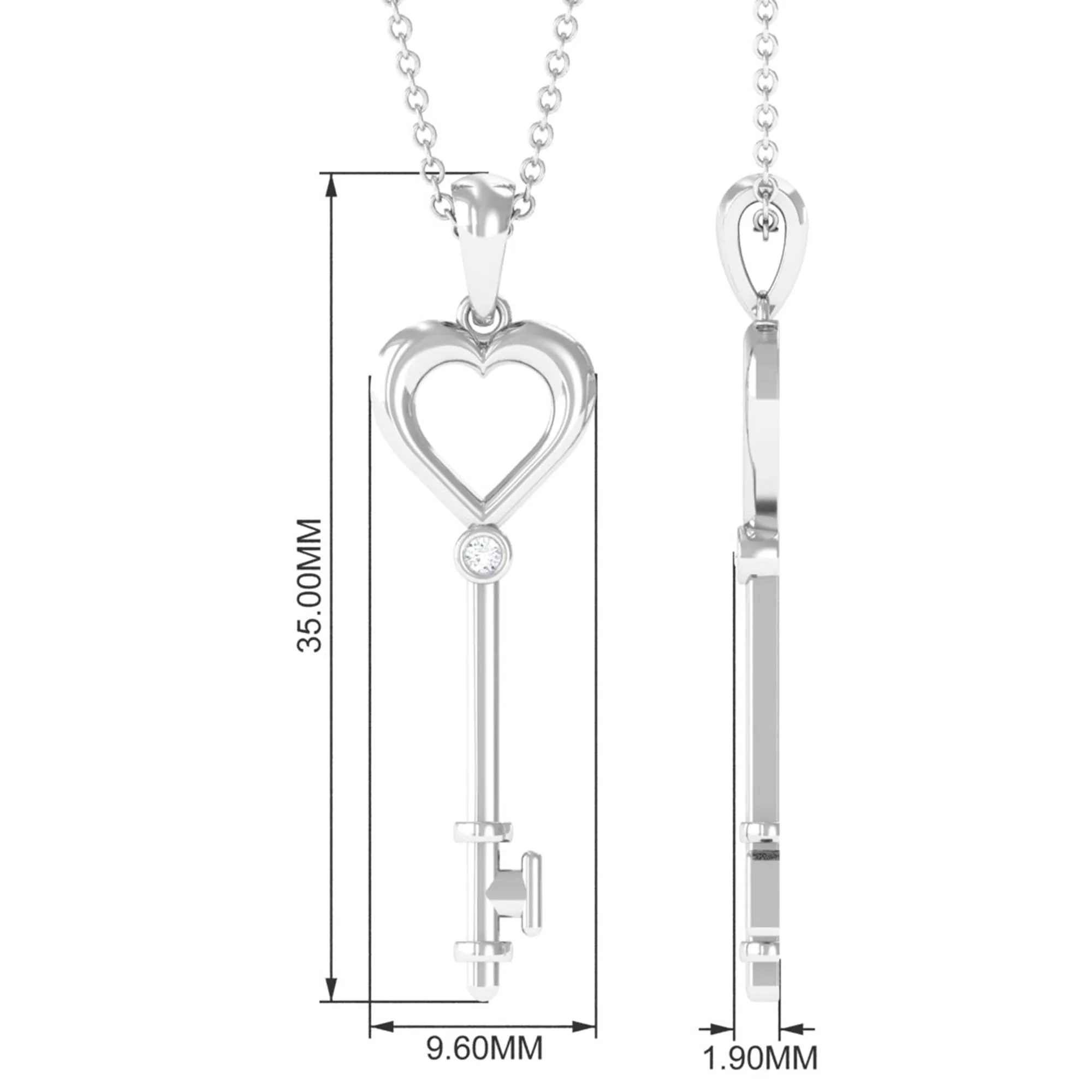 1.5 MM Round Diamond Heart Key Pendant Necklace