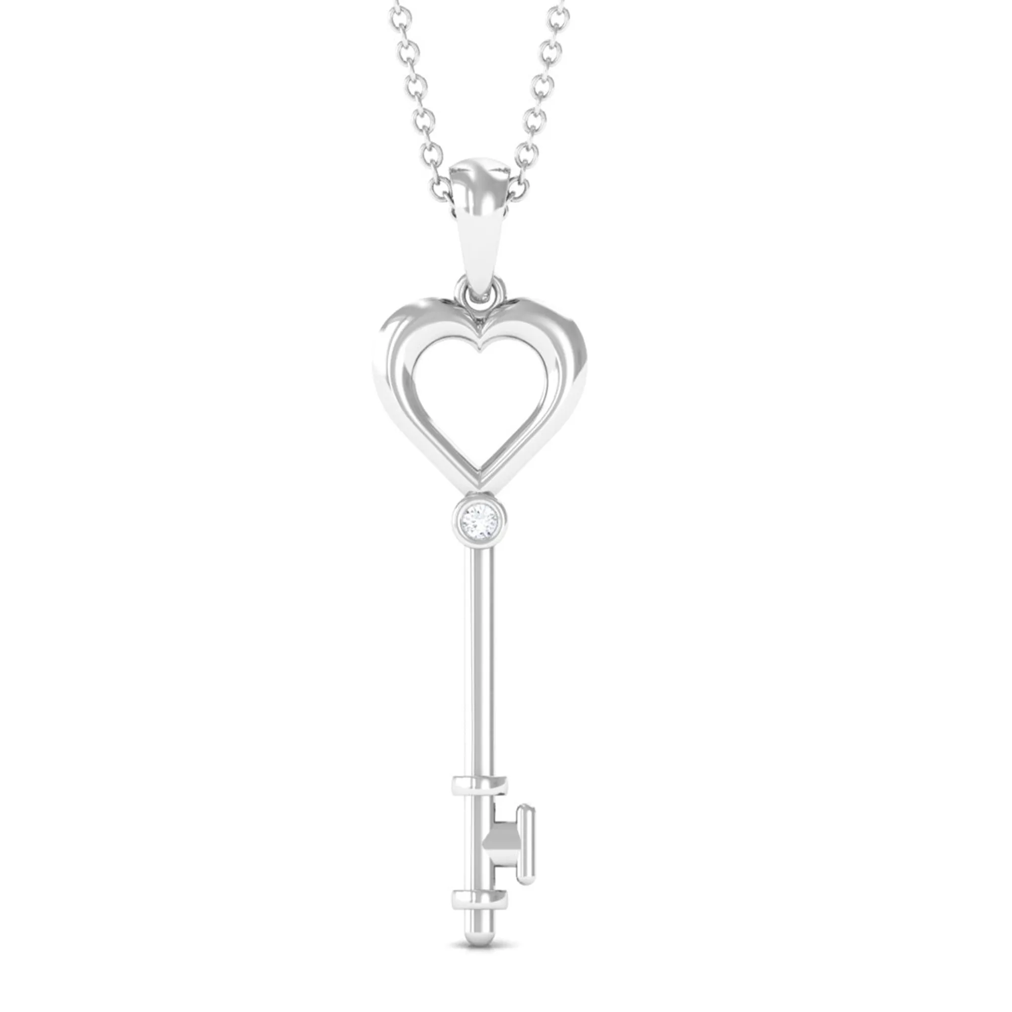 1.5 MM Round Diamond Heart Key Pendant Necklace