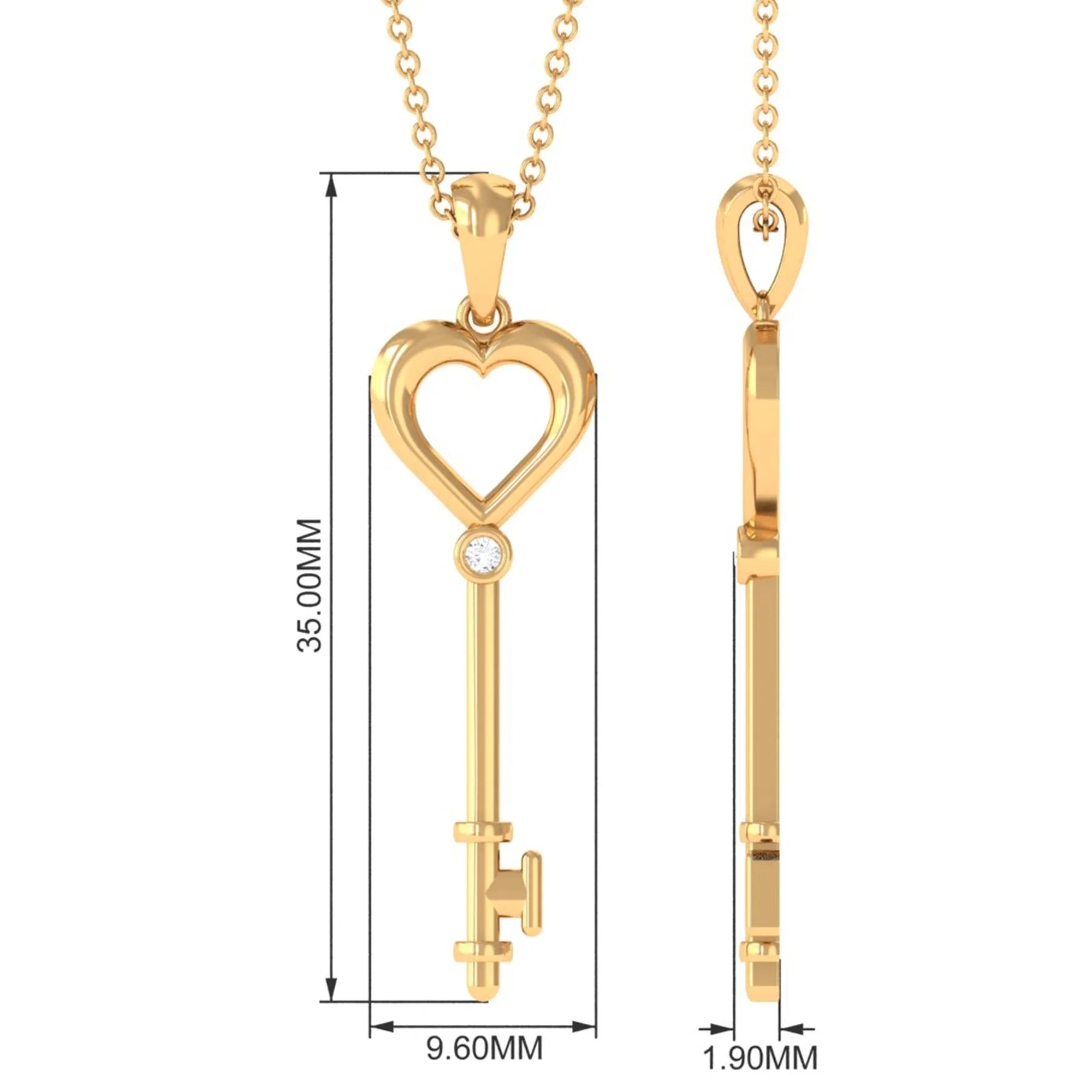 1.5 MM Round Diamond Heart Key Pendant Necklace
