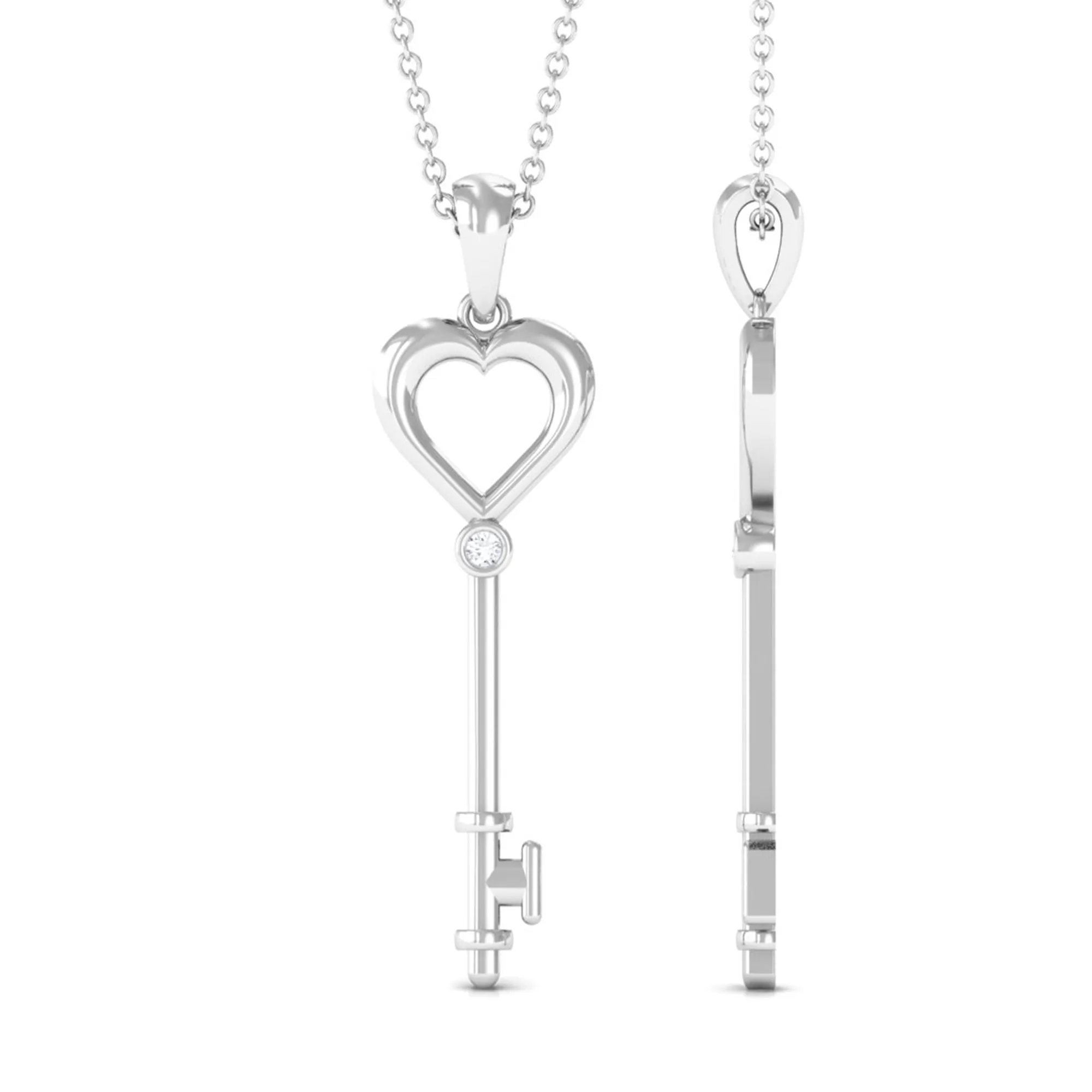 1.5 MM Round Diamond Heart Key Pendant Necklace