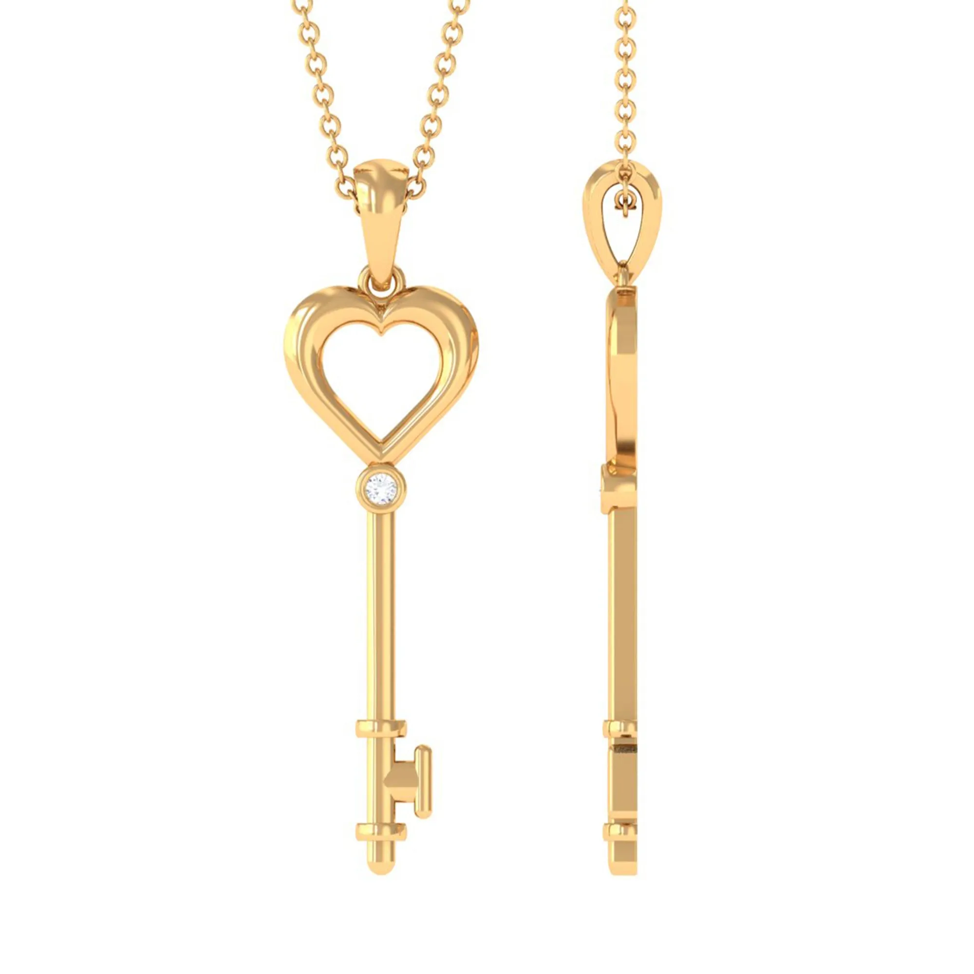 1.5 MM Round Diamond Heart Key Pendant Necklace
