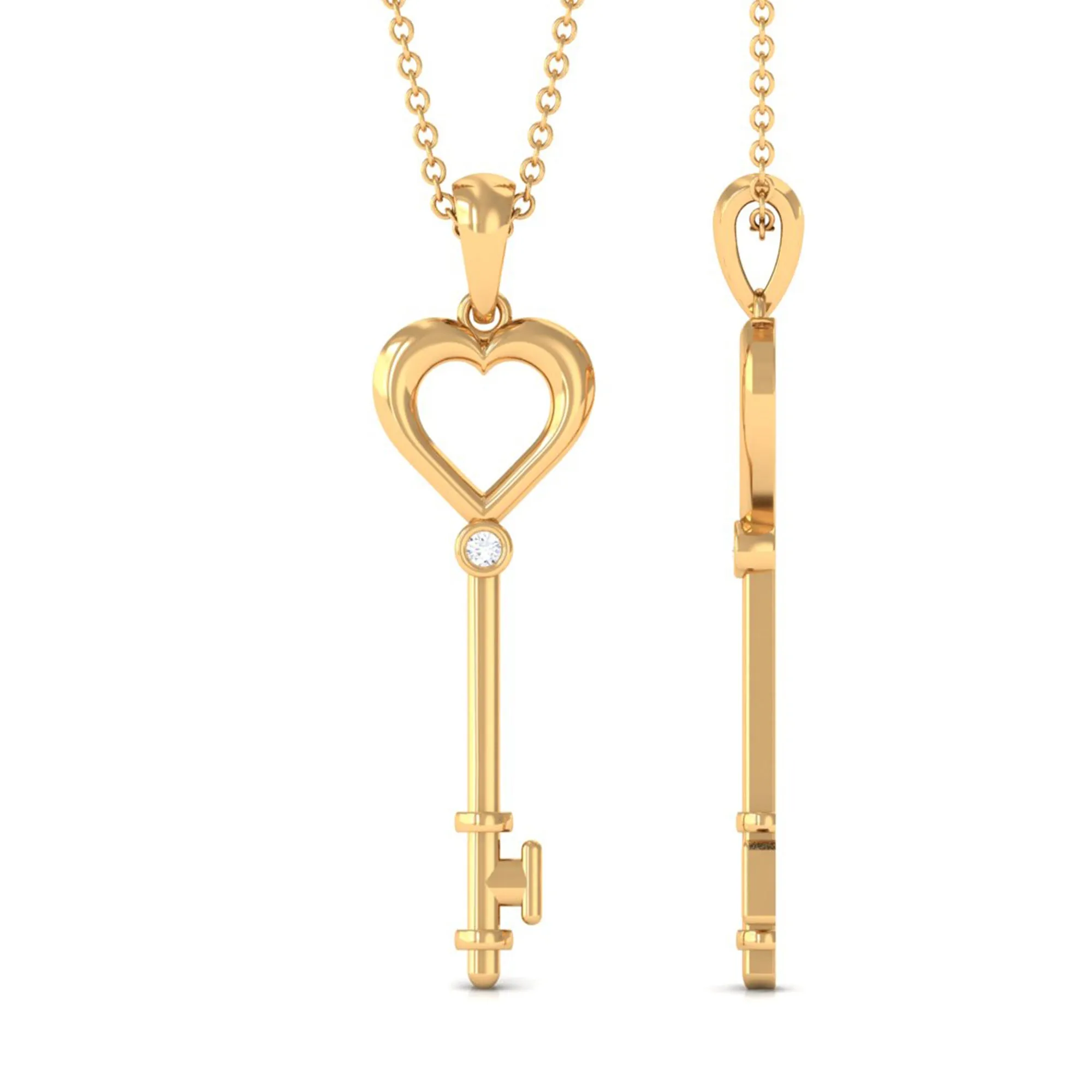 1.5 MM Round Diamond Heart Key Pendant Necklace