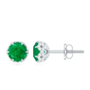 1.50 CT Lotus Basket Set Emerald and Diamond Stud Earrings