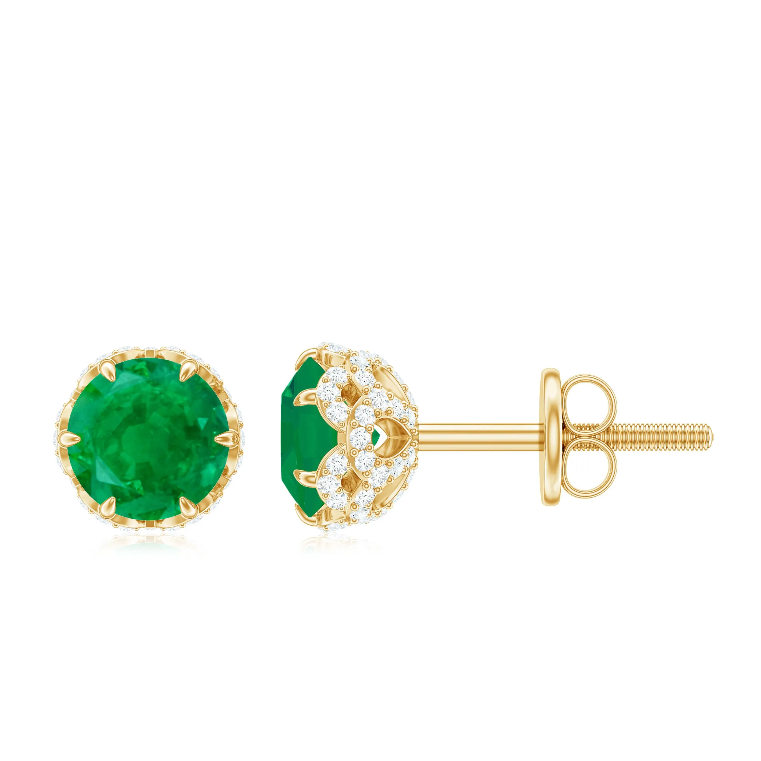 1.50 CT Lotus Basket Set Emerald and Diamond Stud Earrings