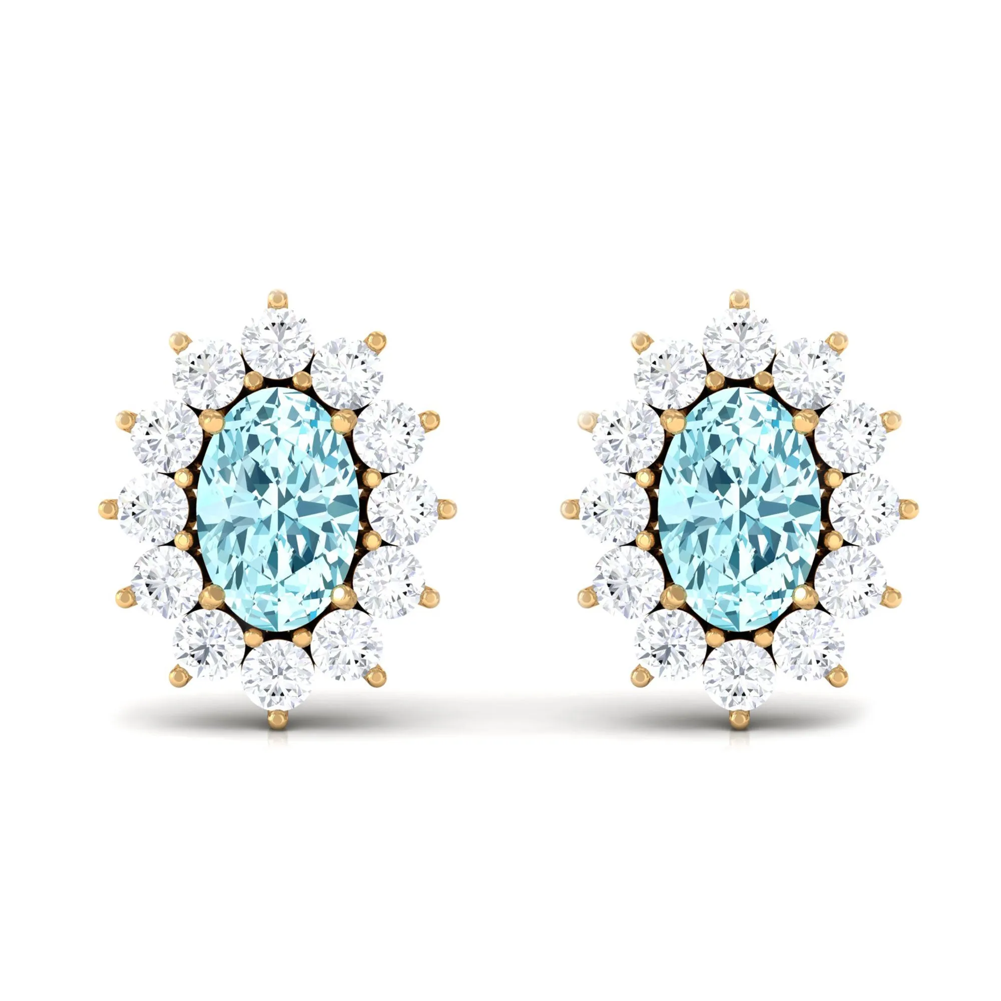 1.75 CT Oval Cut Aquamarine and Diamond Sunburst Stud Earrings