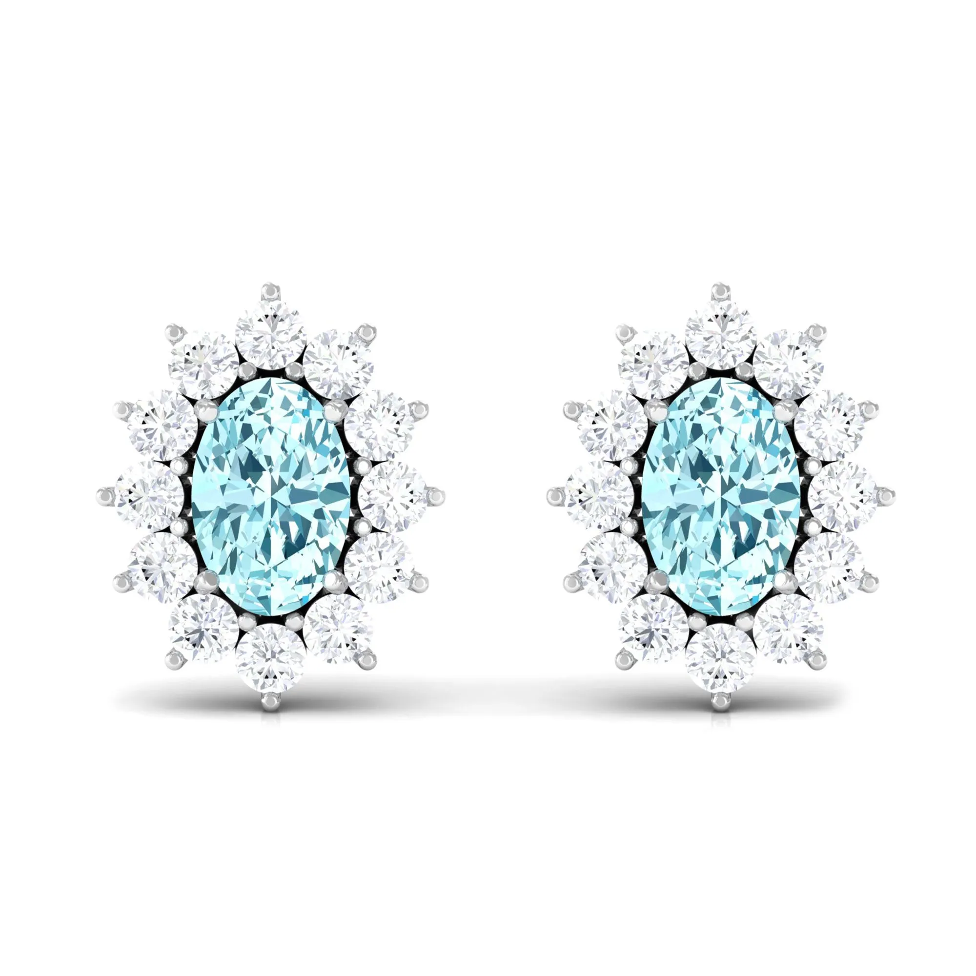 1.75 CT Oval Cut Aquamarine and Diamond Sunburst Stud Earrings