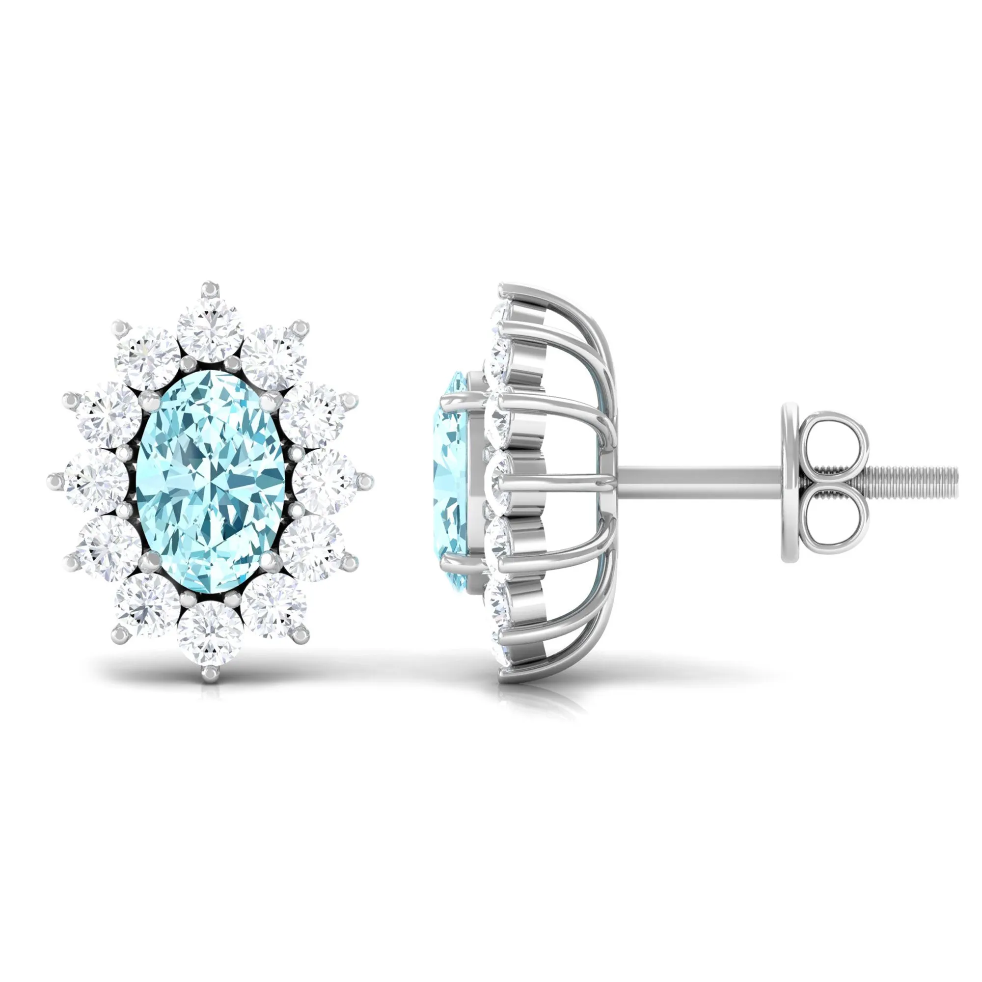 1.75 CT Oval Cut Aquamarine and Diamond Sunburst Stud Earrings