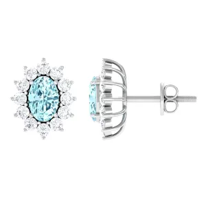 1.75 CT Oval Cut Aquamarine and Diamond Sunburst Stud Earrings