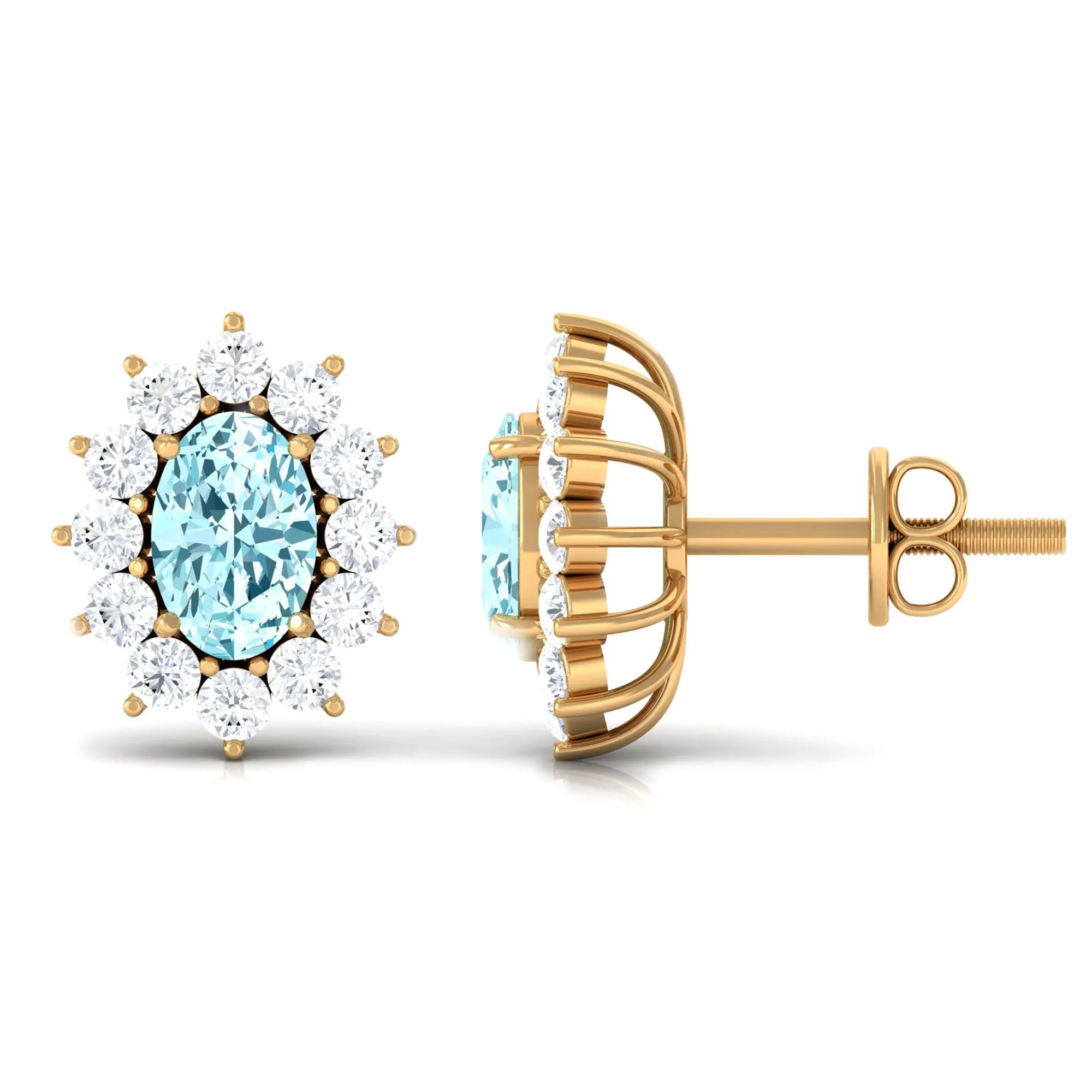 1.75 CT Oval Cut Aquamarine and Diamond Sunburst Stud Earrings