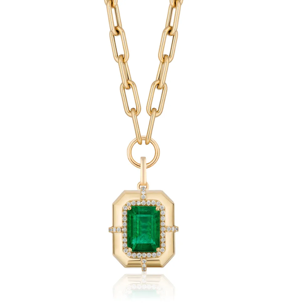 18K Gold G-One Emerald & Diamond Pendant Necklace