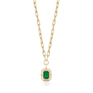 18K Gold G-One Emerald & Diamond Pendant Necklace