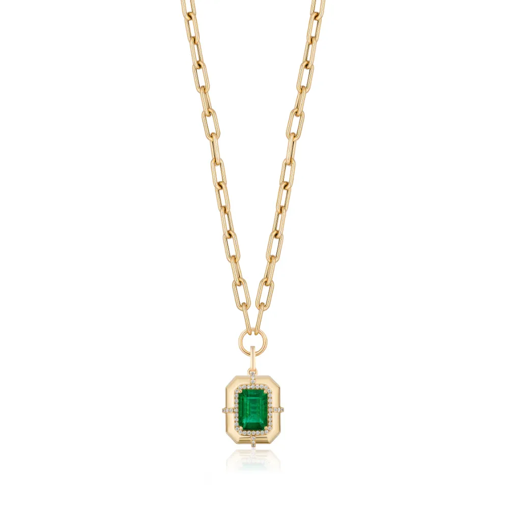 18K Gold G-One Emerald & Diamond Pendant Necklace