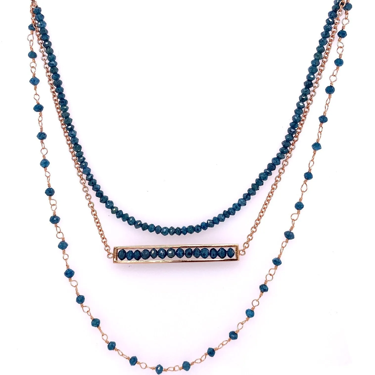 18k Rose Gold Blue Diamond Triple Layered Necklace