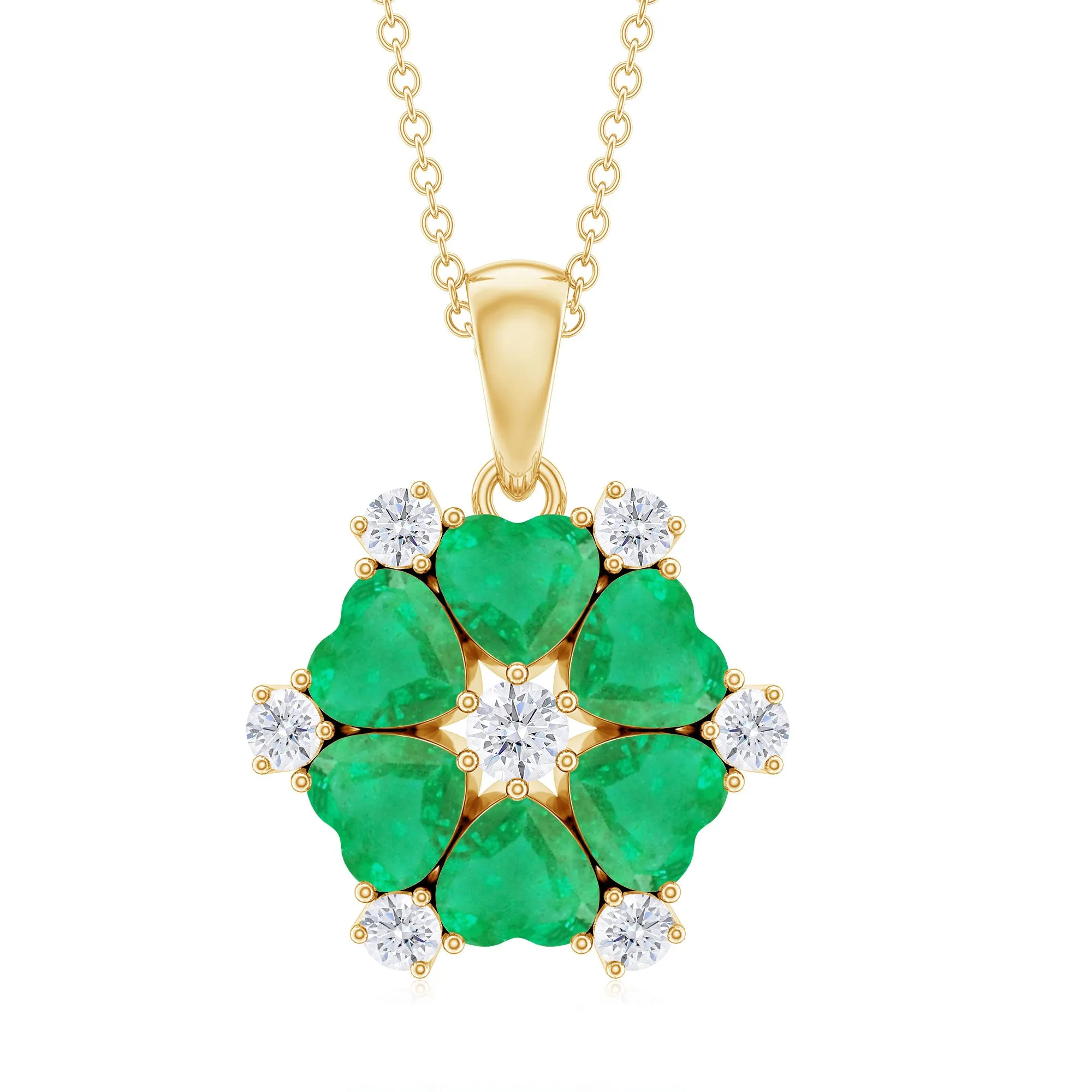 2 CT Heart Shape Emerald and Diamond Flower Pendant