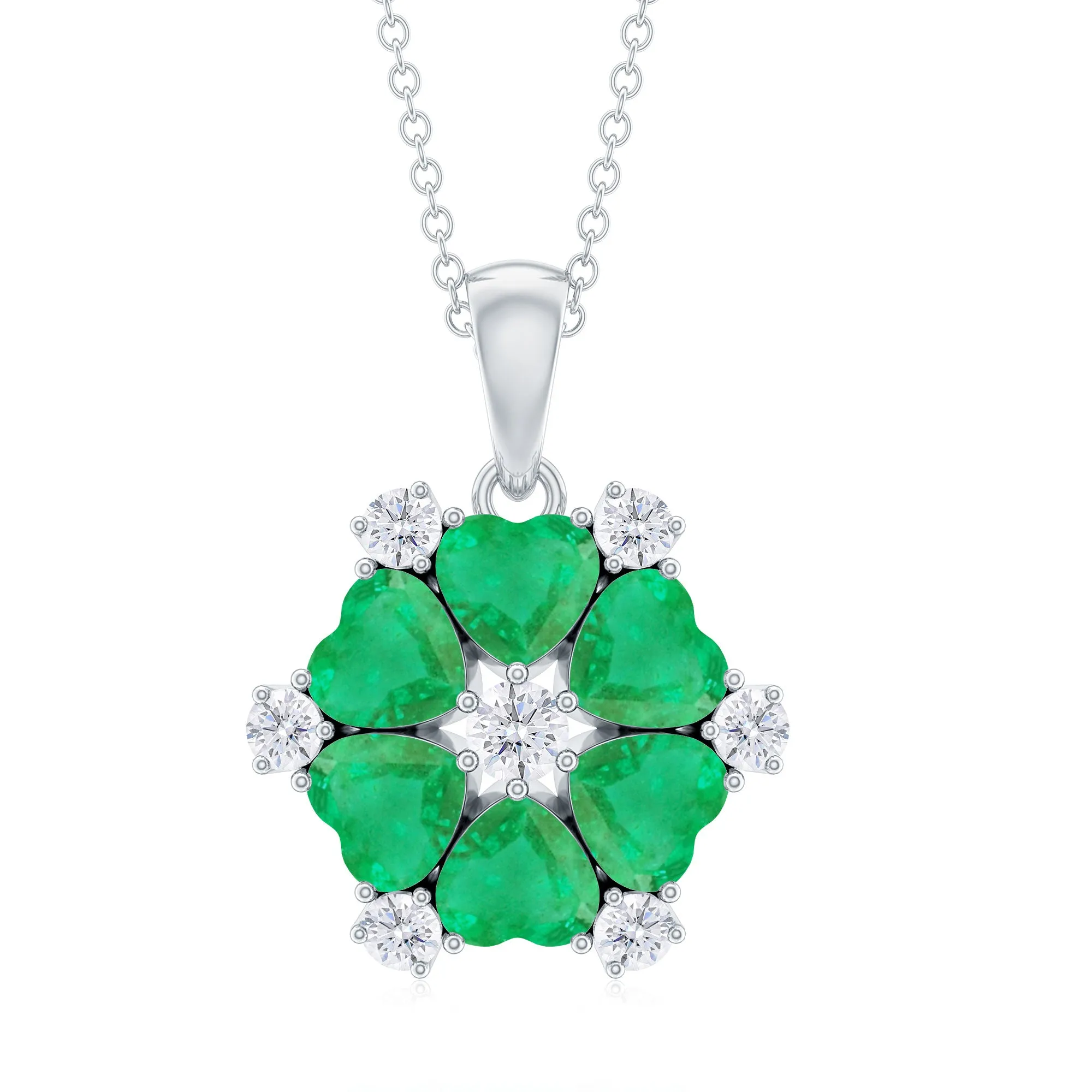 2 CT Heart Shape Emerald and Diamond Flower Pendant