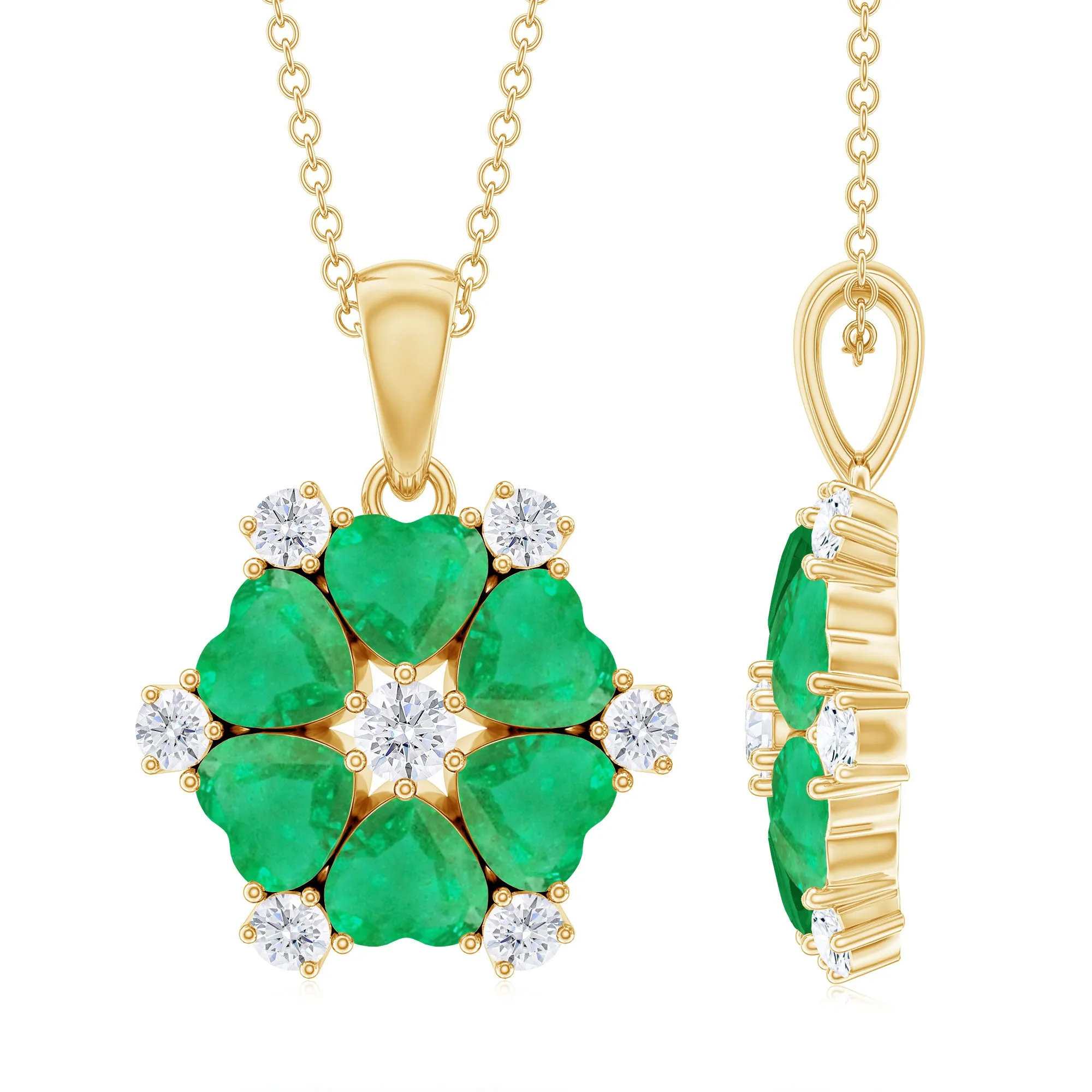 2 CT Heart Shape Emerald and Diamond Flower Pendant