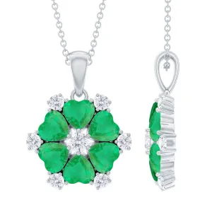 2 CT Heart Shape Emerald and Diamond Flower Pendant