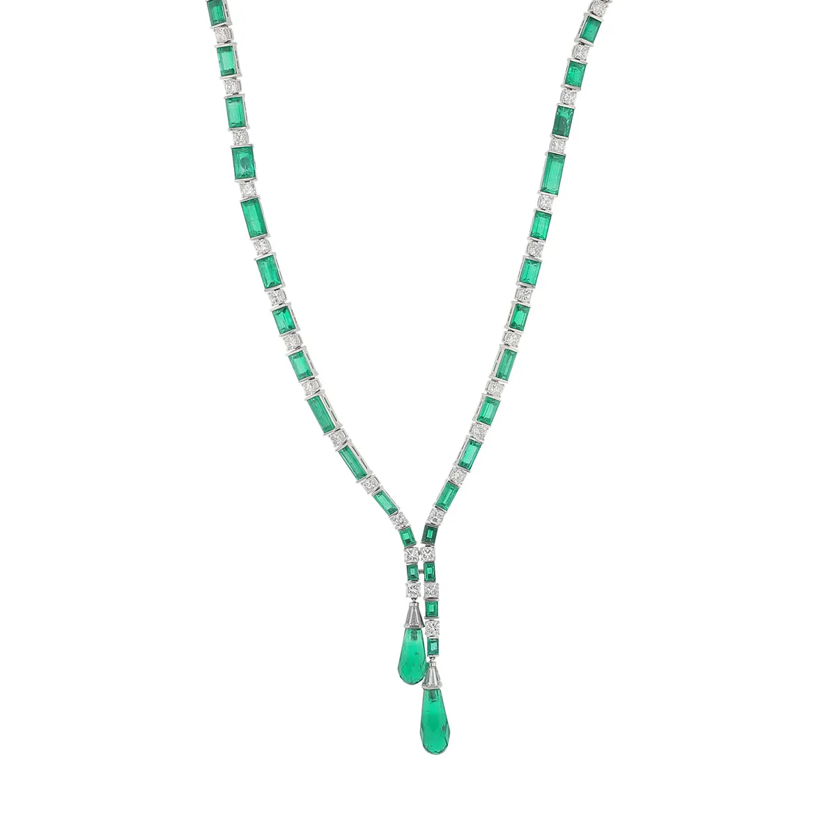 28.06Ct Baguette Emeralds and 14.92Ct Briolette Emeralds and 11.99Ct Diamond Necklace in Platinum, 20in