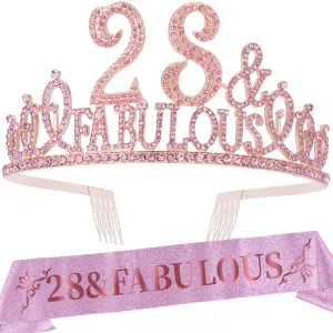 28th Birthday Gifts for Women, 28th Birthday Crown and Sash for Women, 28th Birthday