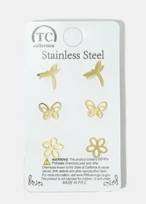 3-Pair Flower & Butterfly Stud Earrings
