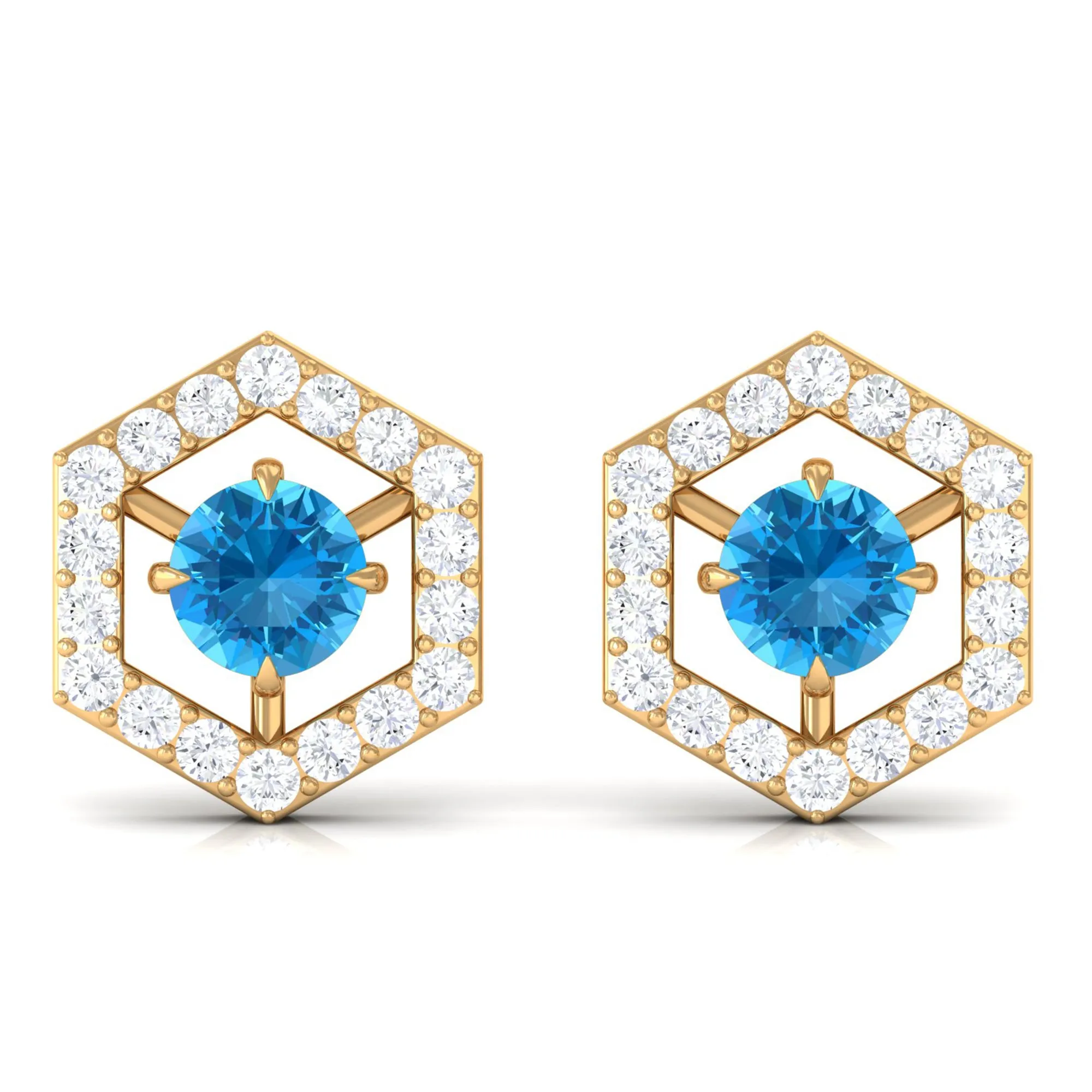 3/4 CT Minimal Swiss Blue Topaz and Diamond Geometric Stud Earrings