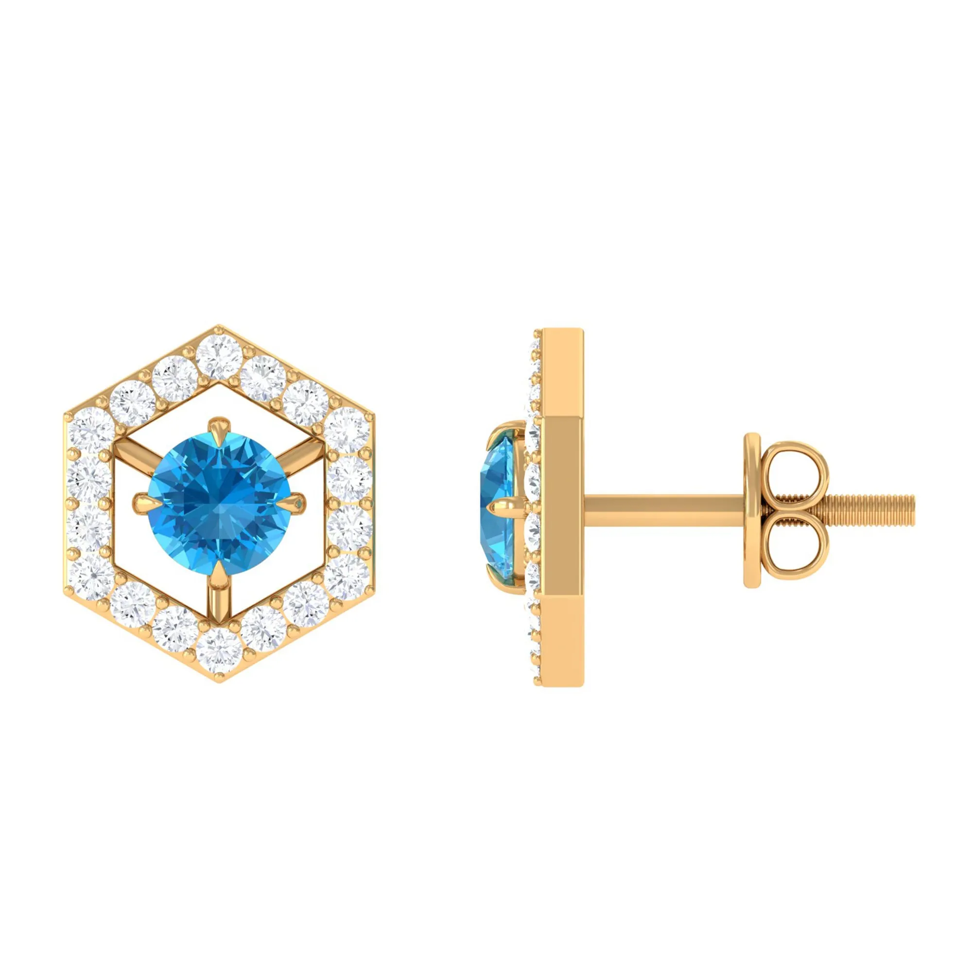 3/4 CT Minimal Swiss Blue Topaz and Diamond Geometric Stud Earrings