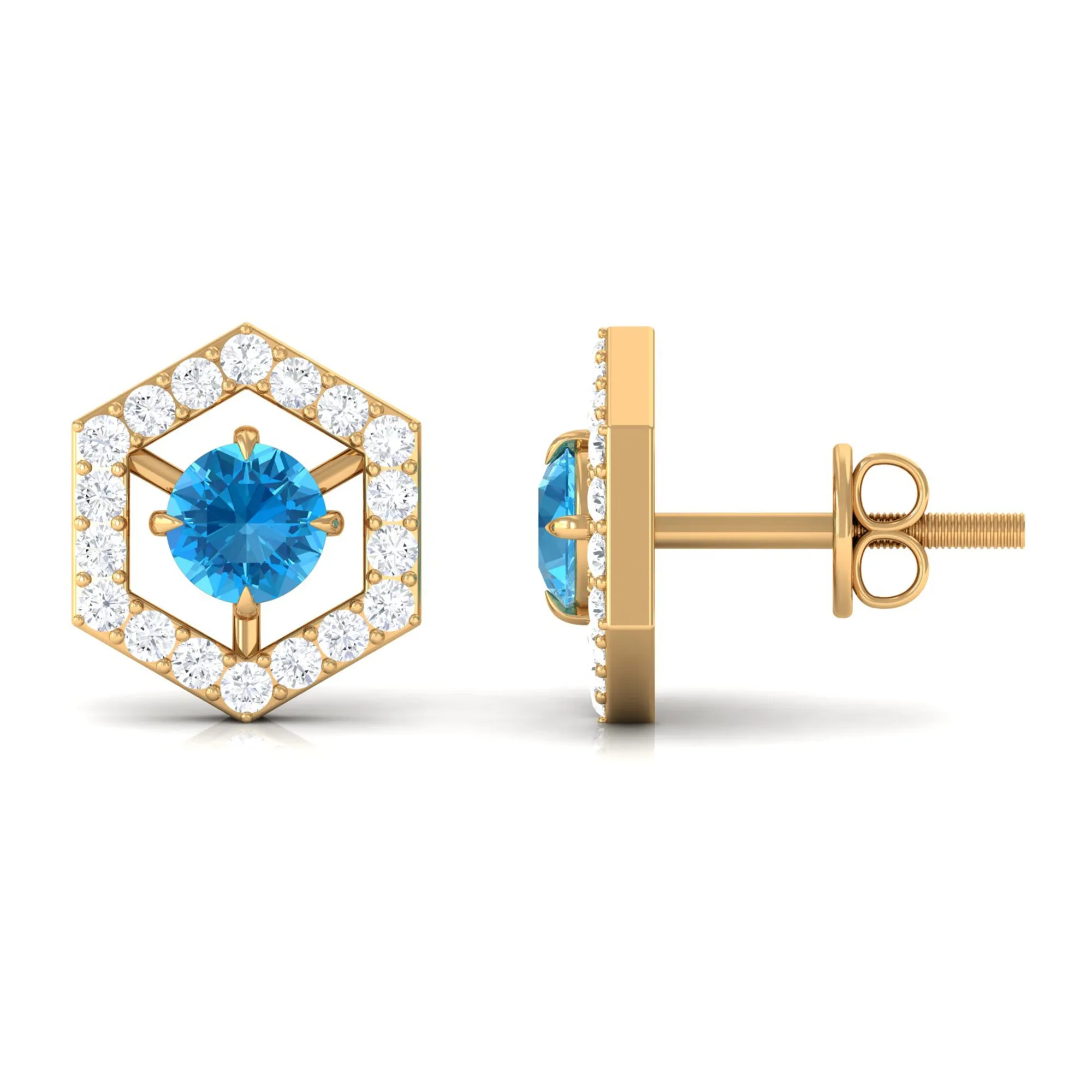 3/4 CT Minimal Swiss Blue Topaz and Diamond Geometric Stud Earrings