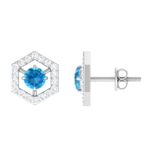 3/4 CT Minimal Swiss Blue Topaz and Diamond Geometric Stud Earrings