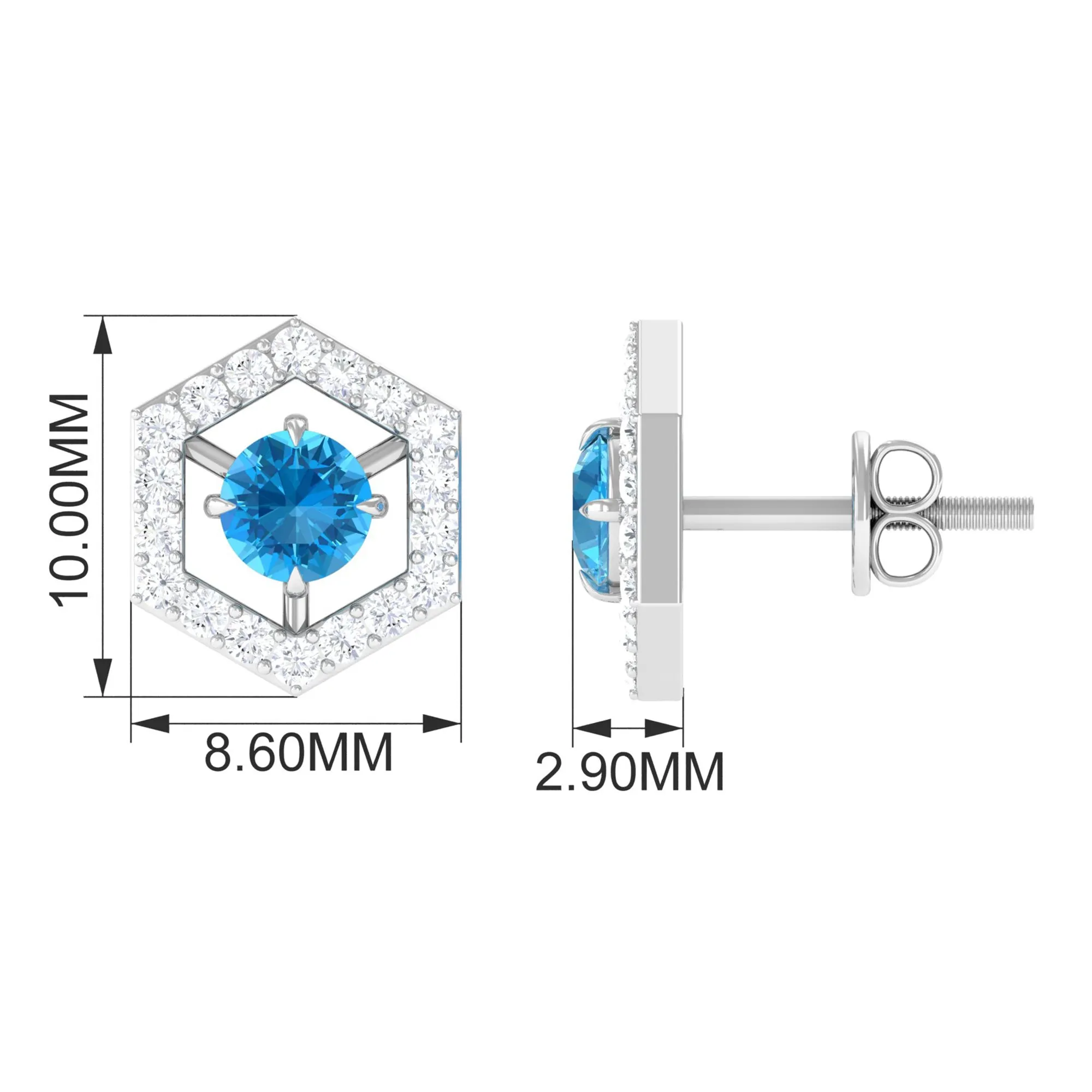 3/4 CT Minimal Swiss Blue Topaz and Diamond Geometric Stud Earrings