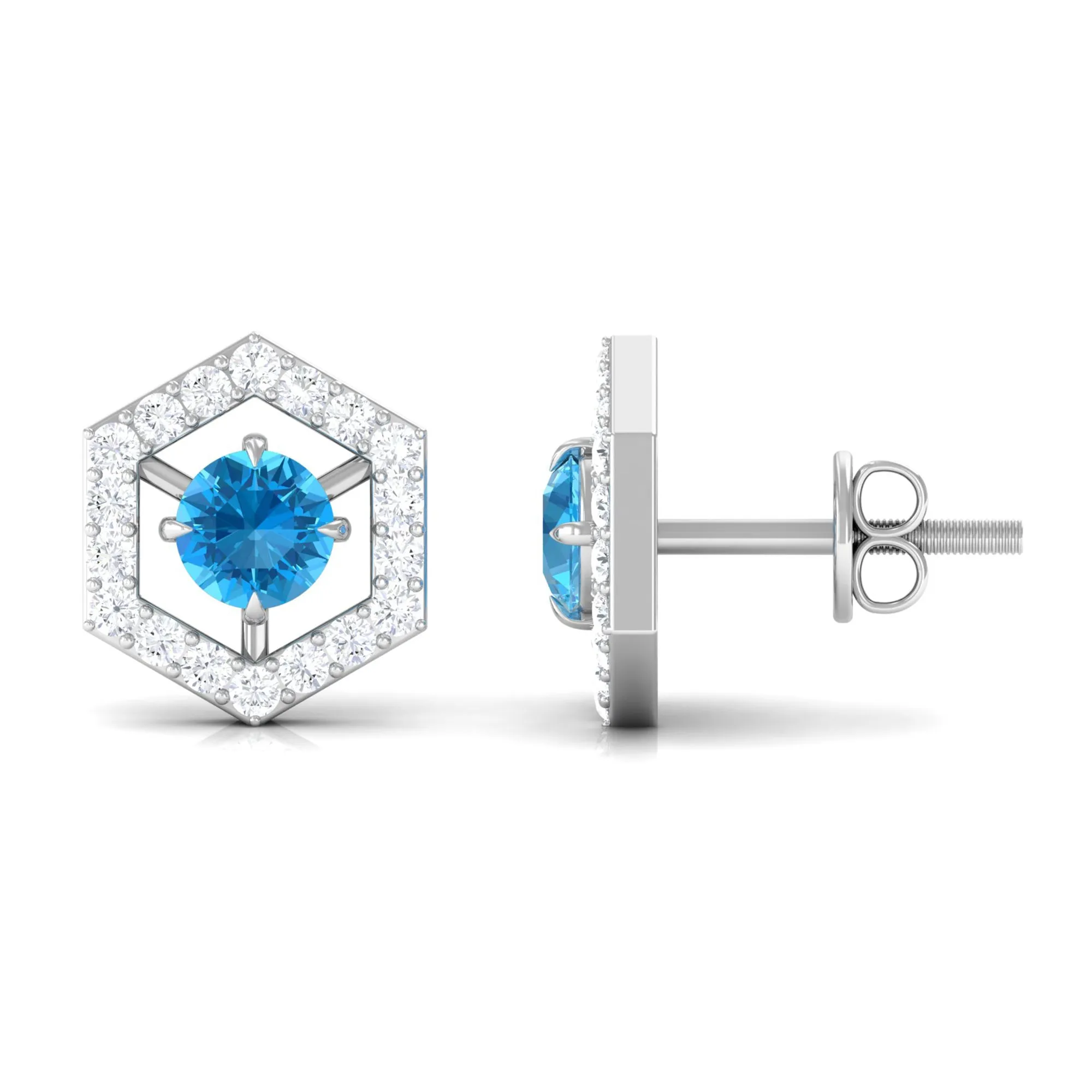 3/4 CT Minimal Swiss Blue Topaz and Diamond Geometric Stud Earrings