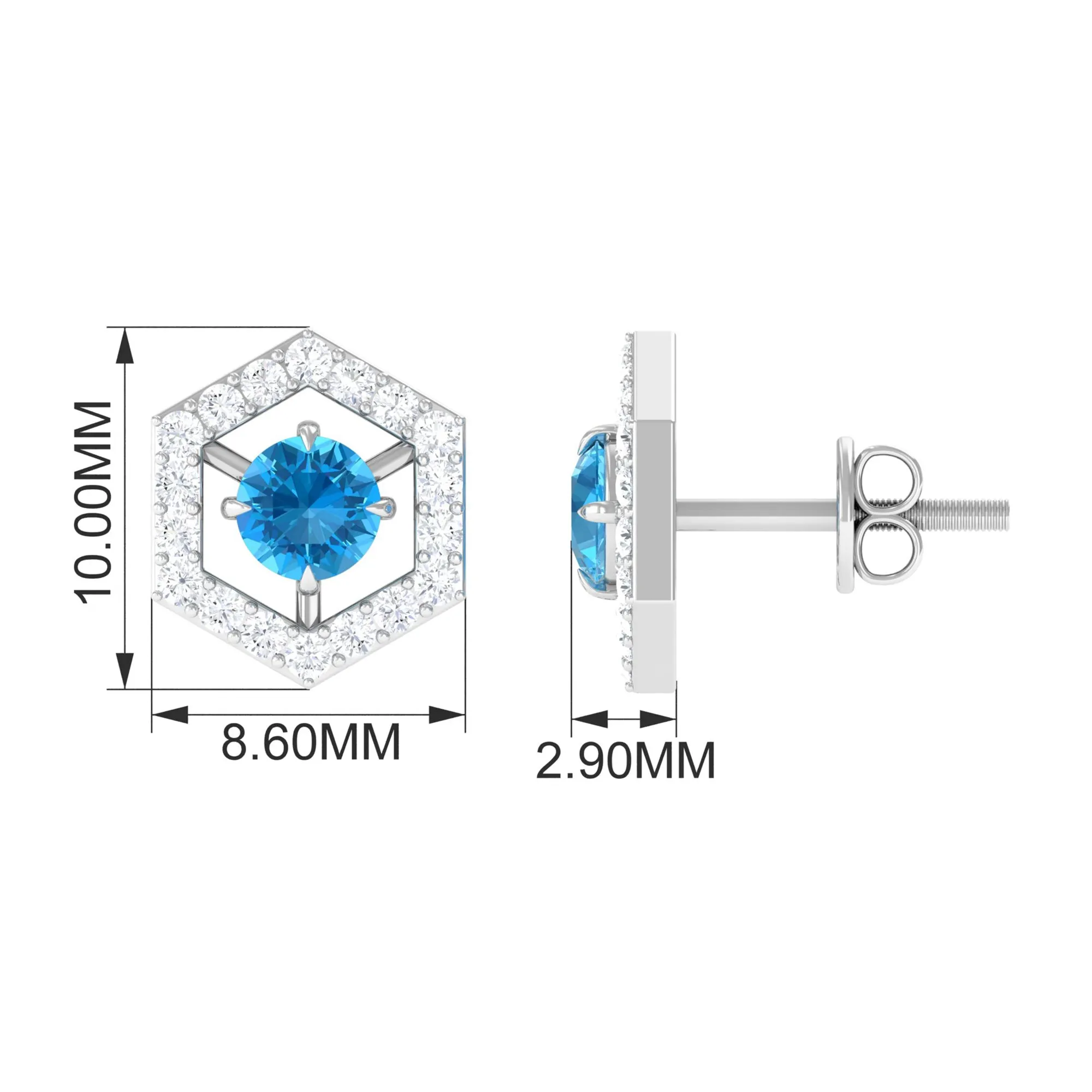 3/4 CT Minimal Swiss Blue Topaz and Diamond Geometric Stud Earrings