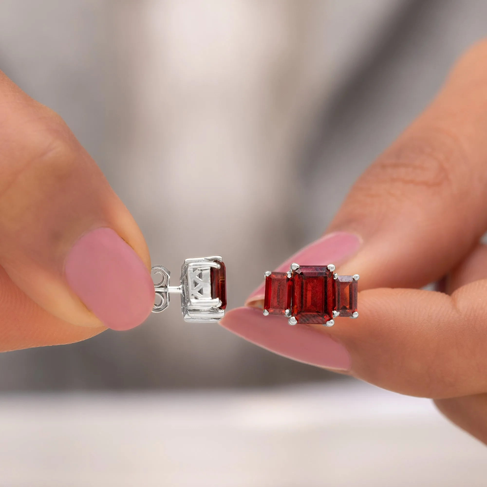 4 CT Octagon Cut Garnet Three Stone Stud Earrings