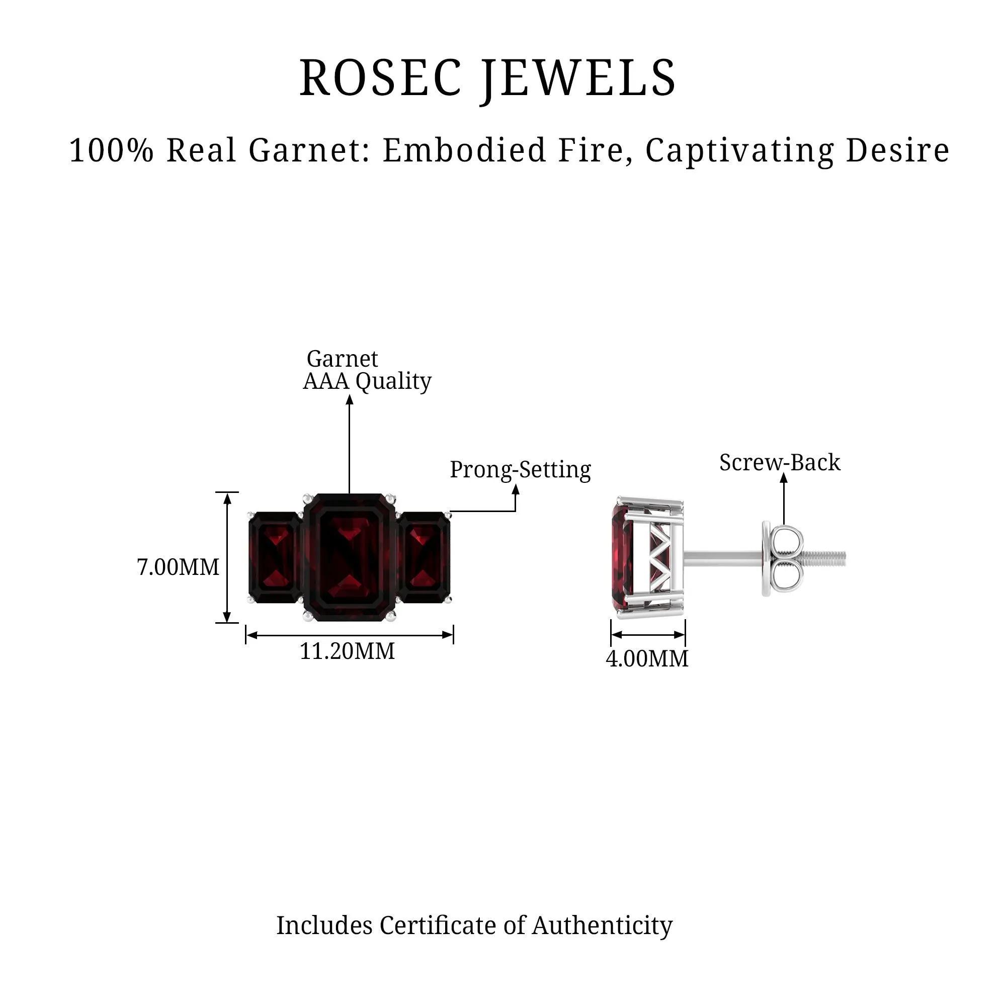 4 CT Octagon Cut Garnet Three Stone Stud Earrings