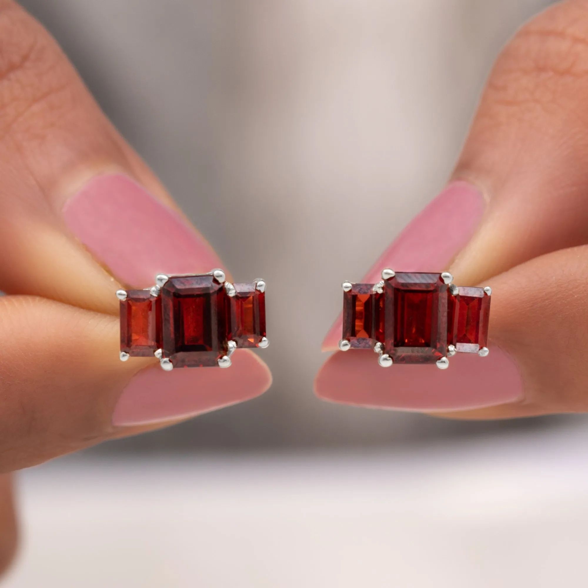 4 CT Octagon Cut Garnet Three Stone Stud Earrings