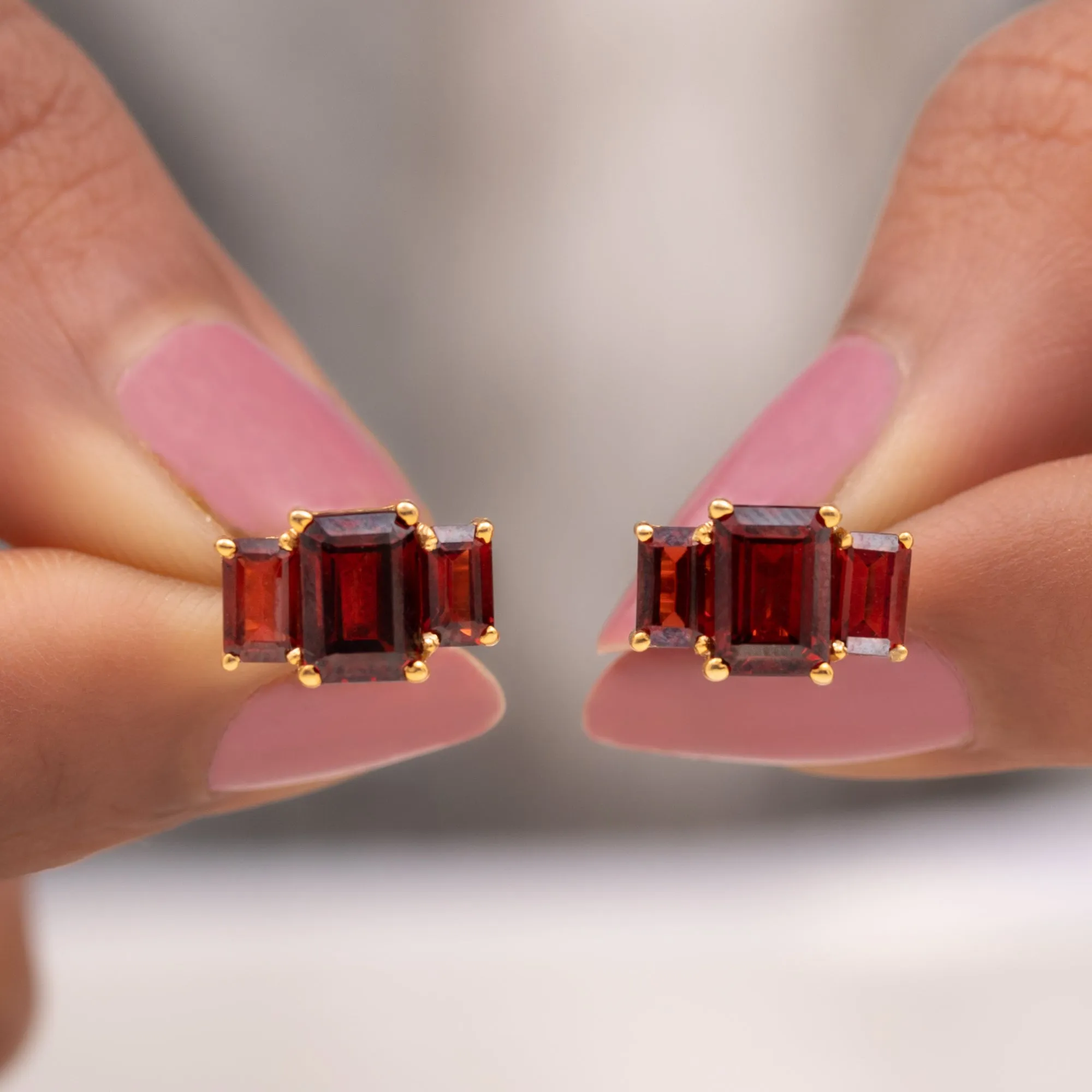4 CT Octagon Cut Garnet Three Stone Stud Earrings