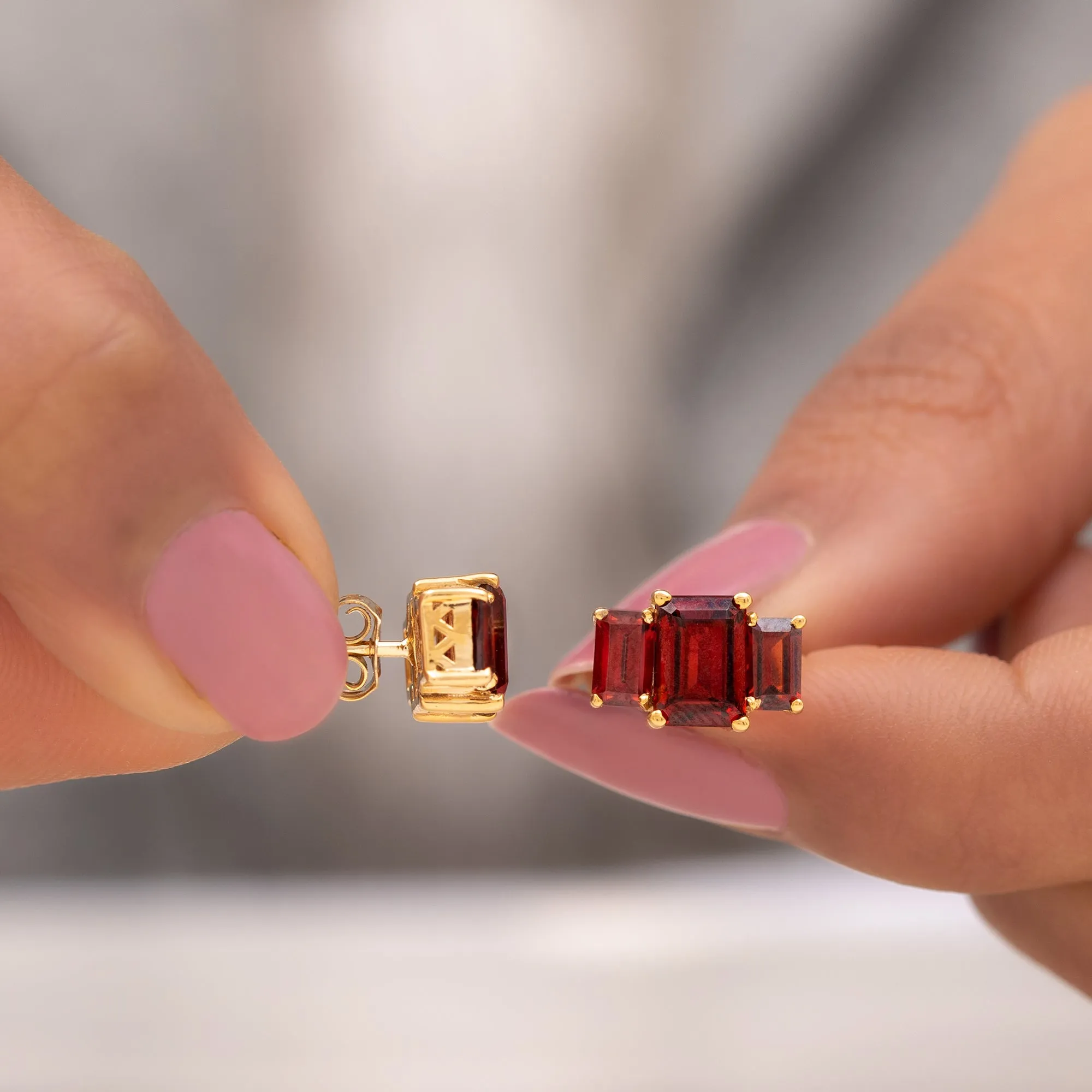 4 CT Octagon Cut Garnet Three Stone Stud Earrings