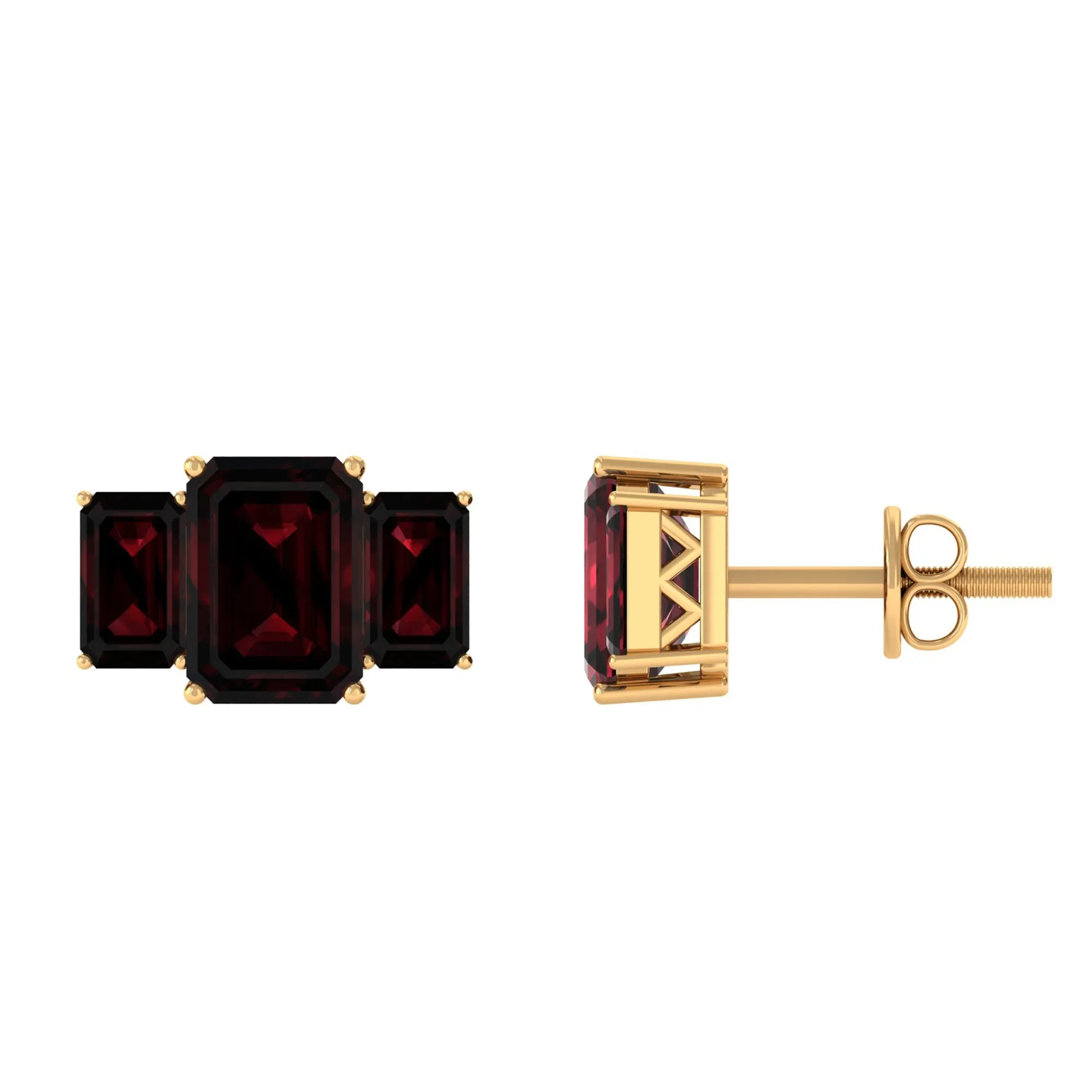 4 CT Octagon Cut Garnet Three Stone Stud Earrings